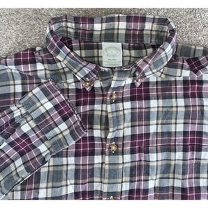 Brooks Brothers Milano All Cotton Check Plaid Shirt Mens Large Flannel Red Camp